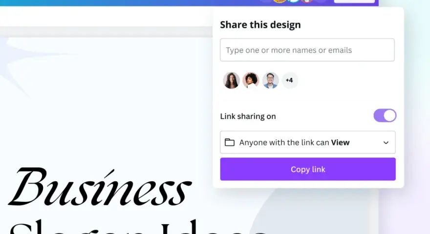 Compartiendo ideas para un eslogan publicitario. Se muestra una ventana para compartir un diseño, con opciones para invitar colaboradores y copiar un enlace.