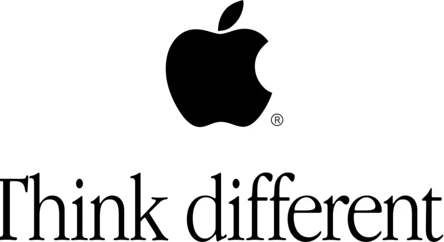 Logo de Apple con la manzana mordida y el lema "Think different.