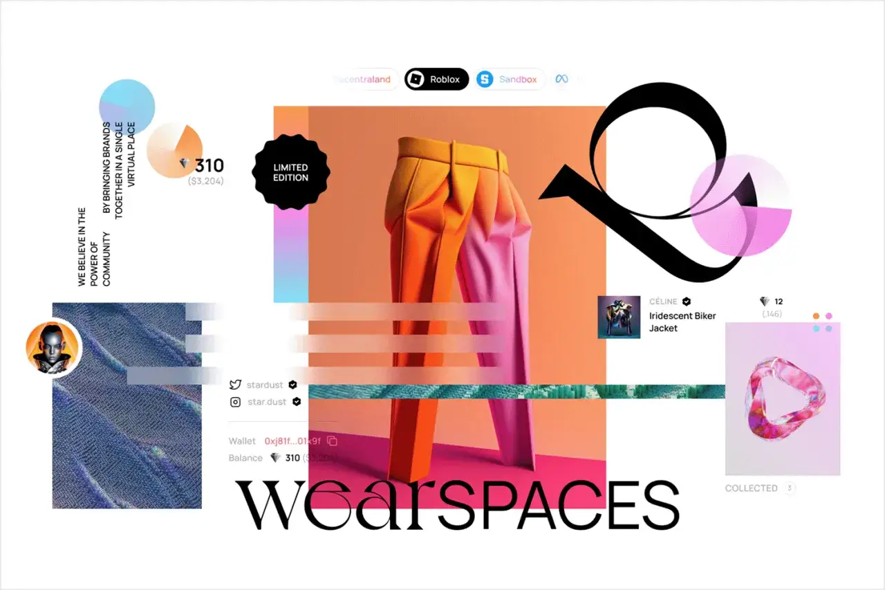 Diseño digital con pantalones degradados, íconos de plataformas metaverso y texto