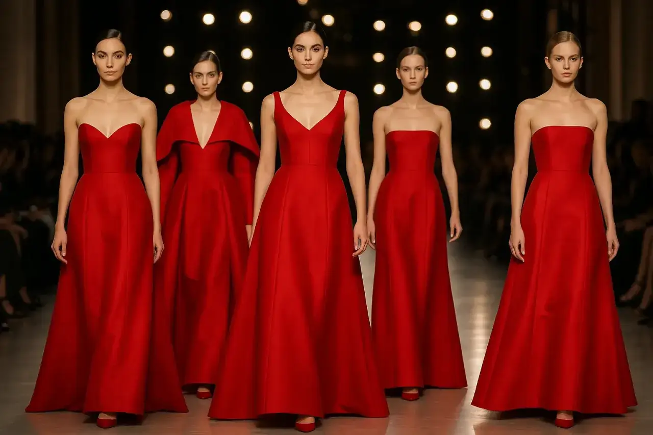 Cinco modelos desfilan con vestidos largos y elegantes de un intenso rojo valentino, evocando pasi&oacute;n y sofisticaci&oacute;n.