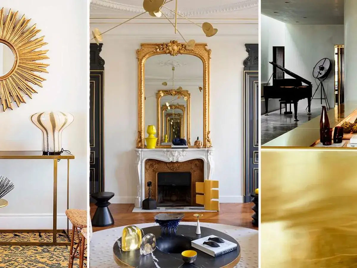 Espejo sol dorado, chimenea ornamentada y piano de cola negro. El color dorado aporta un toque de lujo a estos interiores.
