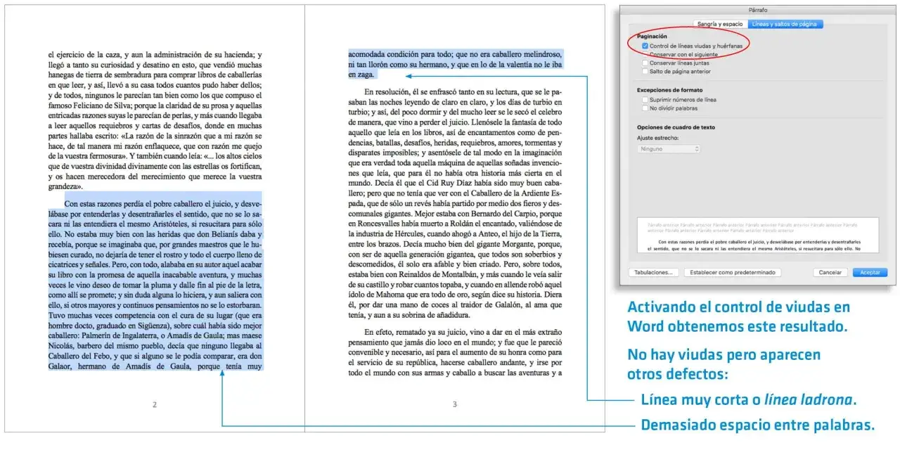 Interfaz de edici&oacute;n de textos en espa&ntilde;ol, mostrando opciones de paginaci&oacute;n y control de l&iacute;neas.