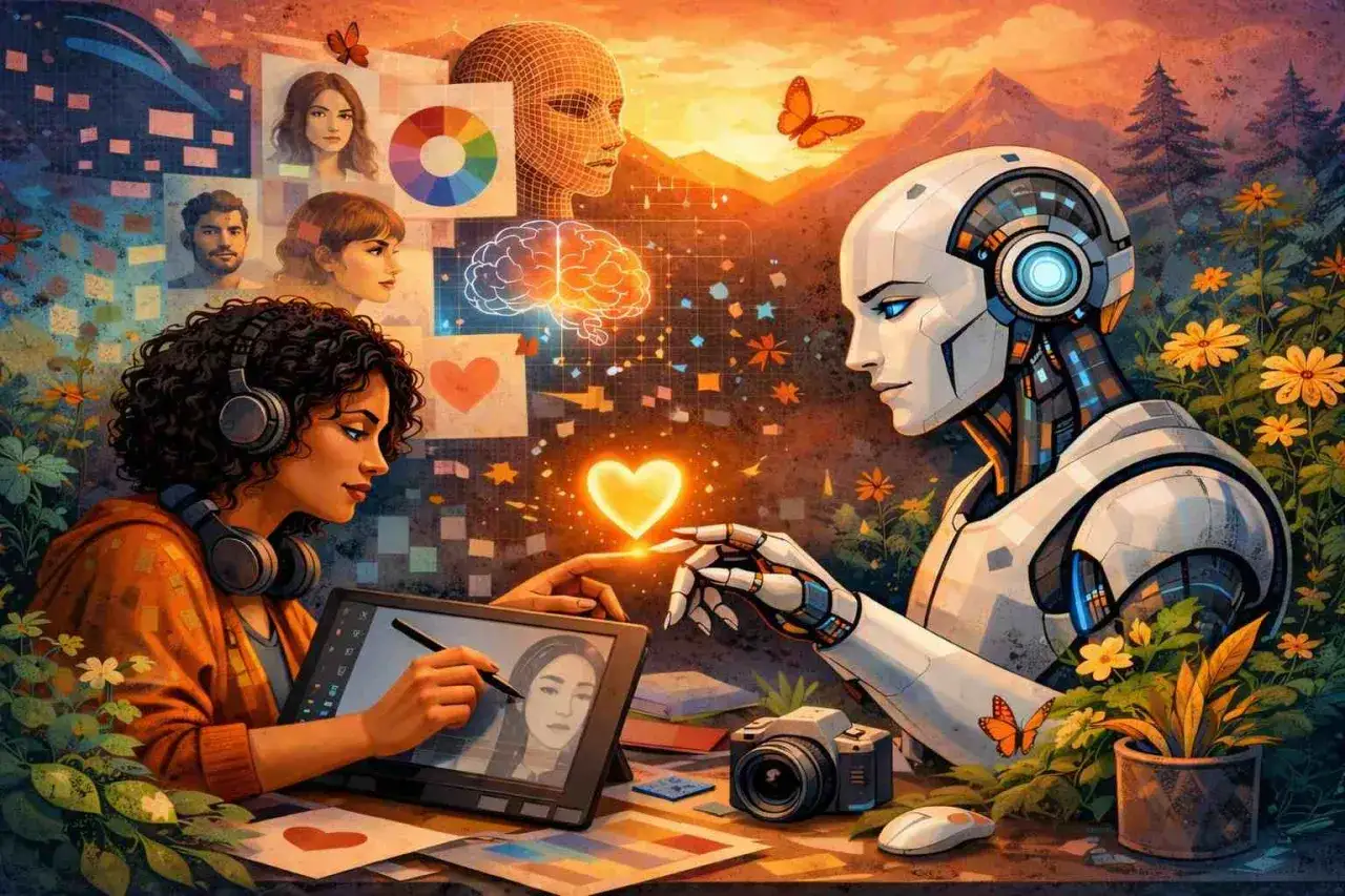 Una artista y un robot interactúan, creando arte con IA. El futuro de las imagenes de la ia se ilumina con un corazón.