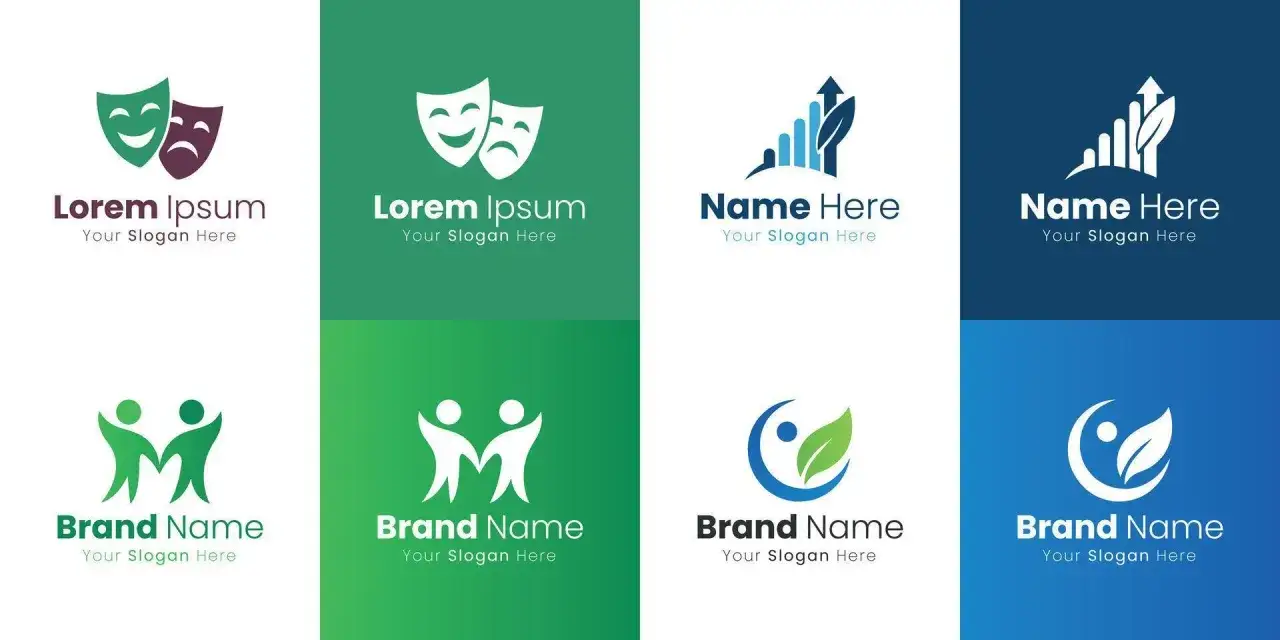 Logos con máscaras, personas y hojas. El color verde, que significa el color verde, evoca naturaleza, crecimiento y esperanza en estos diseños.