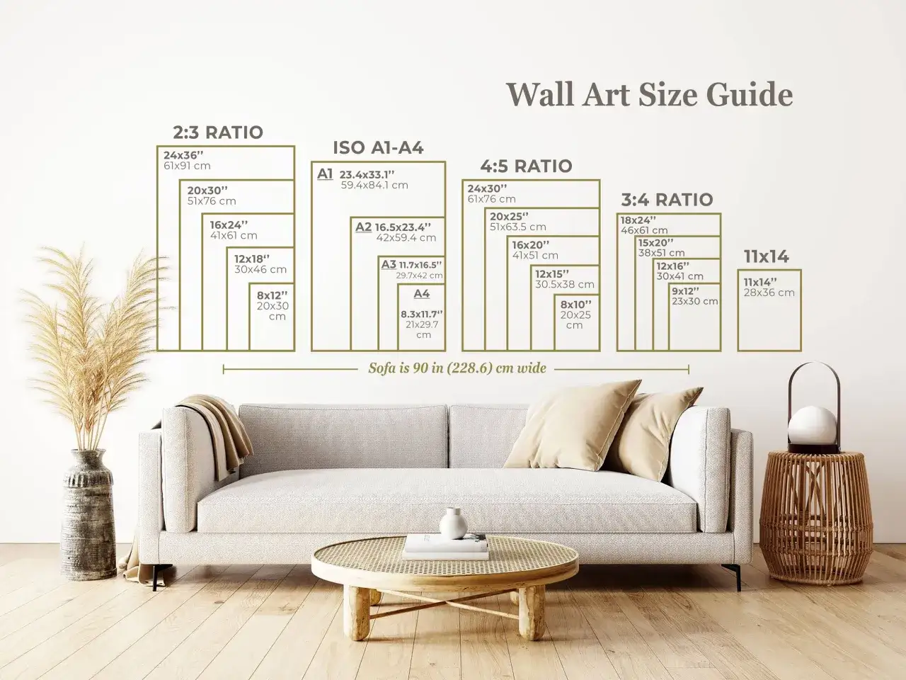 Gu&iacute;a de tama&ntilde;o de arte mural. Muestra diferentes proporciones y tama&ntilde;os de fotos, como 2:3, 4:5, 3:4, ISO A1-A4 y 11x14.