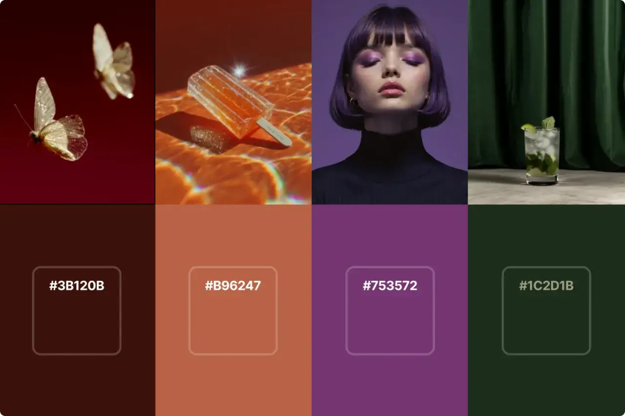 Paleta de colores de invierno: mariposas doradas, paleta naranja, modelo morado y mojito verde.
