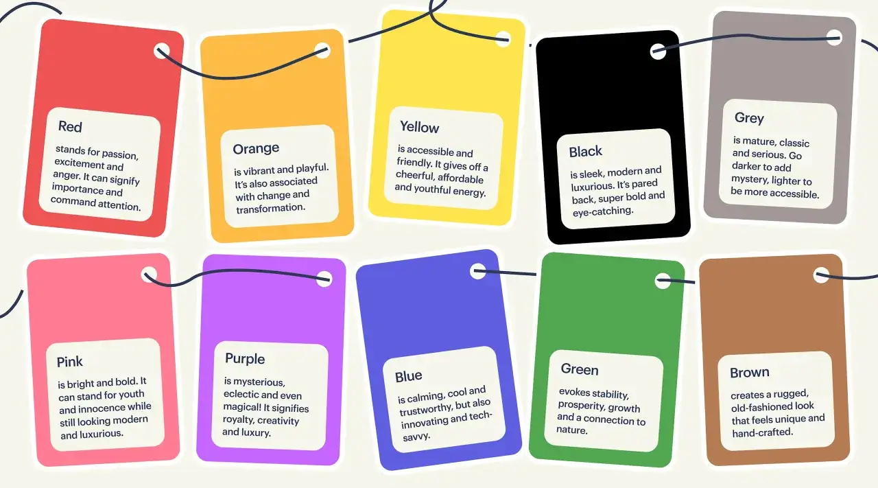 Tarjetas de colores que expresan emociones: rojo (pasi&oacute;n), naranja (juego), amarillo (alegr&iacute;a), negro (lujo), gris (seriedad), rosa (juventud), morado (misterio), azul (calma), verde (naturaleza), marr&oacute;n (tradici&oacute;n).