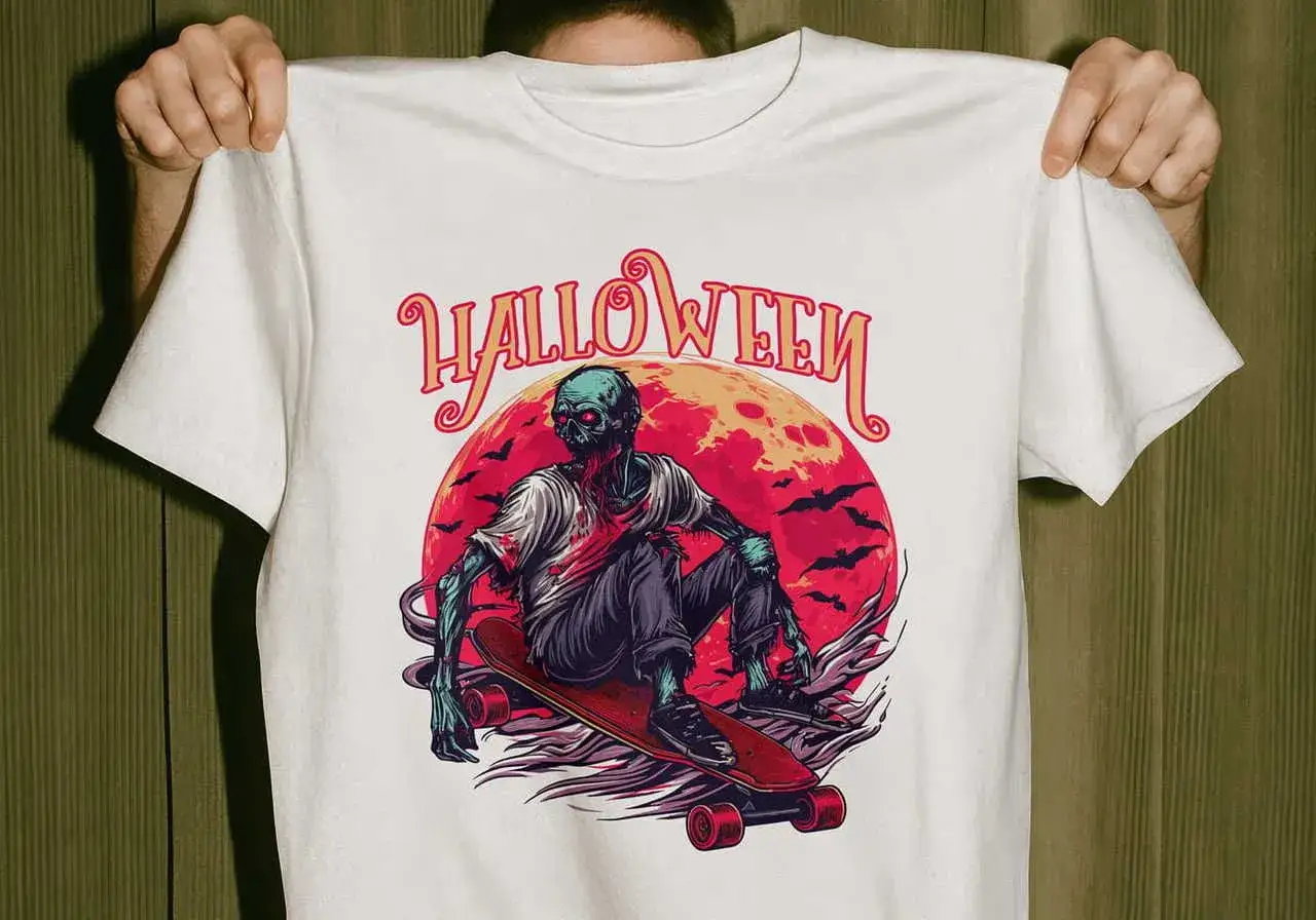 Dise&ntilde;o de camiseta de Halloween: un zombi skater bajo una luna roja y murci&eacute;lagos. &iexcl;Perfecto para tu pr&oacute;xima fiesta!