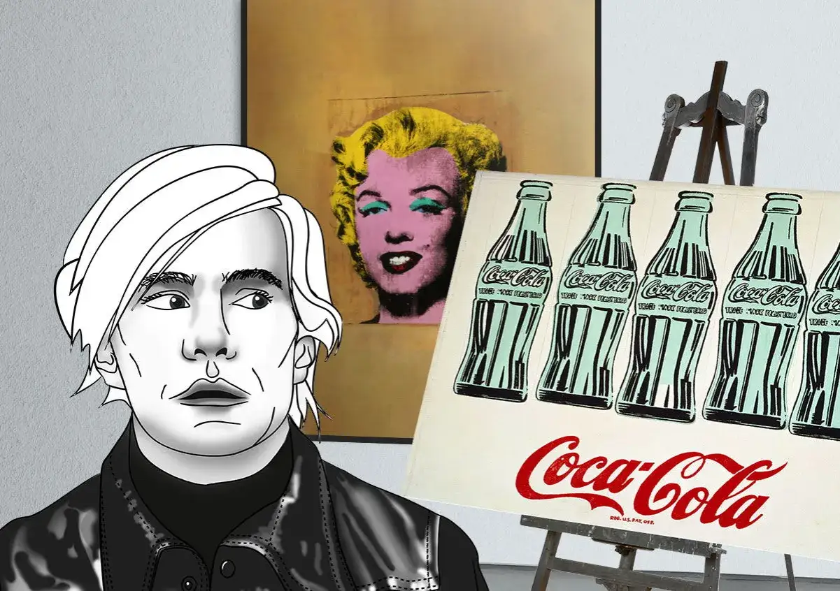 Retrato de Andy Warhol junto a sus ic&oacute;nicas obras de arte: Marilyn Monroe y botellas de Coca-Cola.