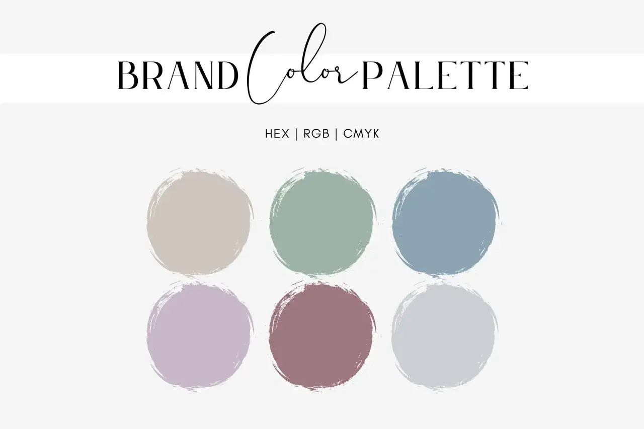 Paleta de colores de marca con seis círculos de color pastel: beige, verde salvia, azul polvoriento, lavanda, malva y gris claro.