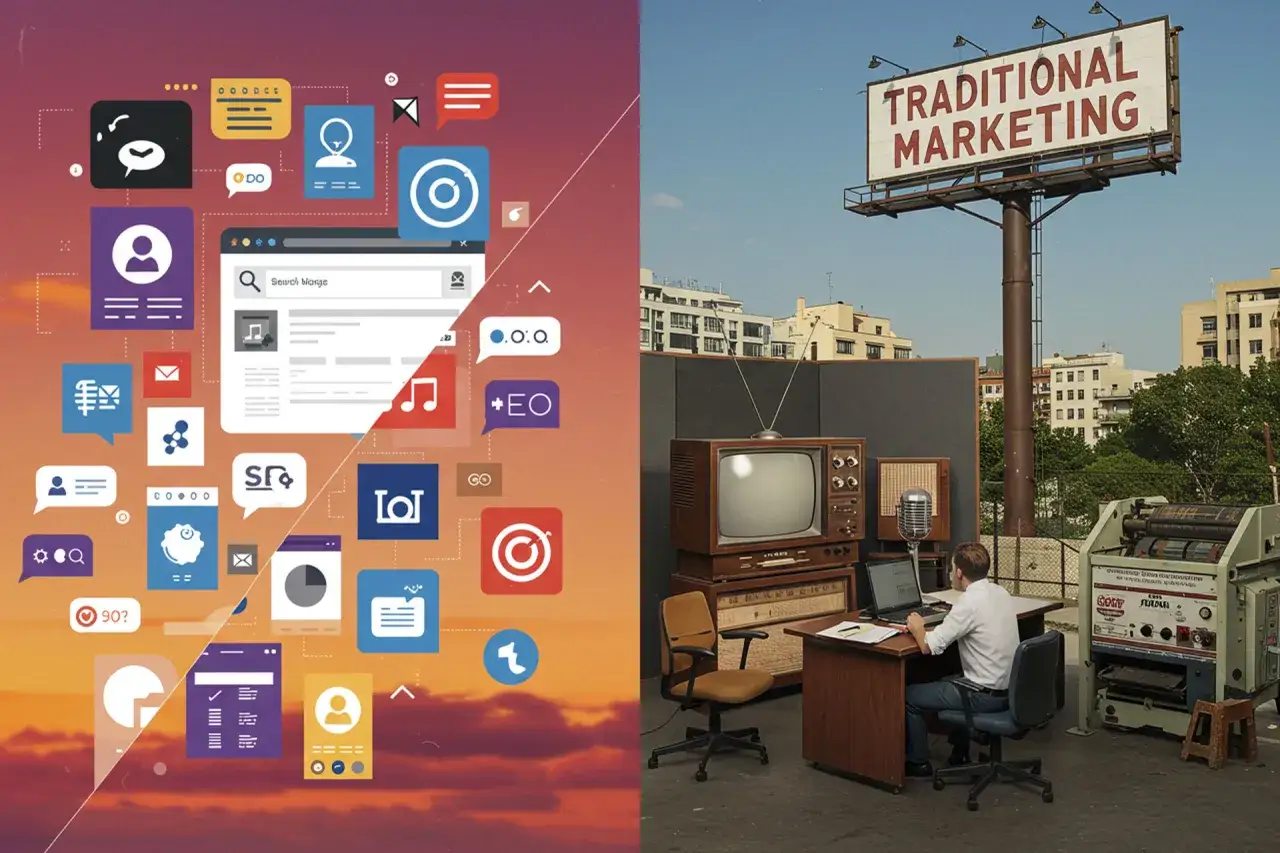 Comparación visual entre iconos de marketing digital y un cartel de