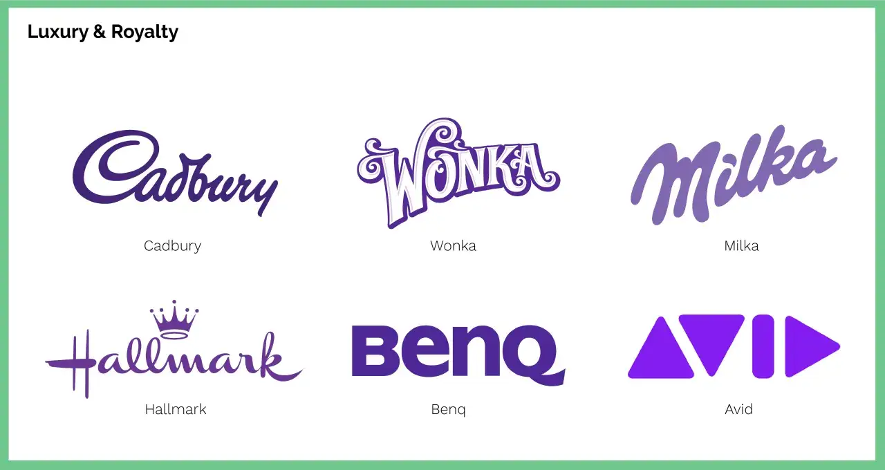 Logos de Cadbury, Wonka, Milka, Hallmark, Benq y Avid en color purpura, evocando lujo y realeza.