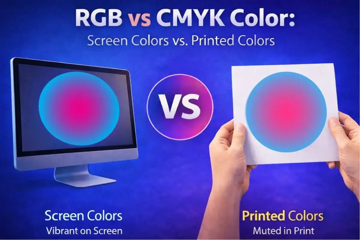 Comparaci&oacute;n de colores RGB y CMYK. Un monitor muestra un c&iacute;rculo vibrante con tonos de color cian y magenta, mientras que una hoja impresa muestra el mismo c&iacute;rculo con colores m&aacute;s apagados.
