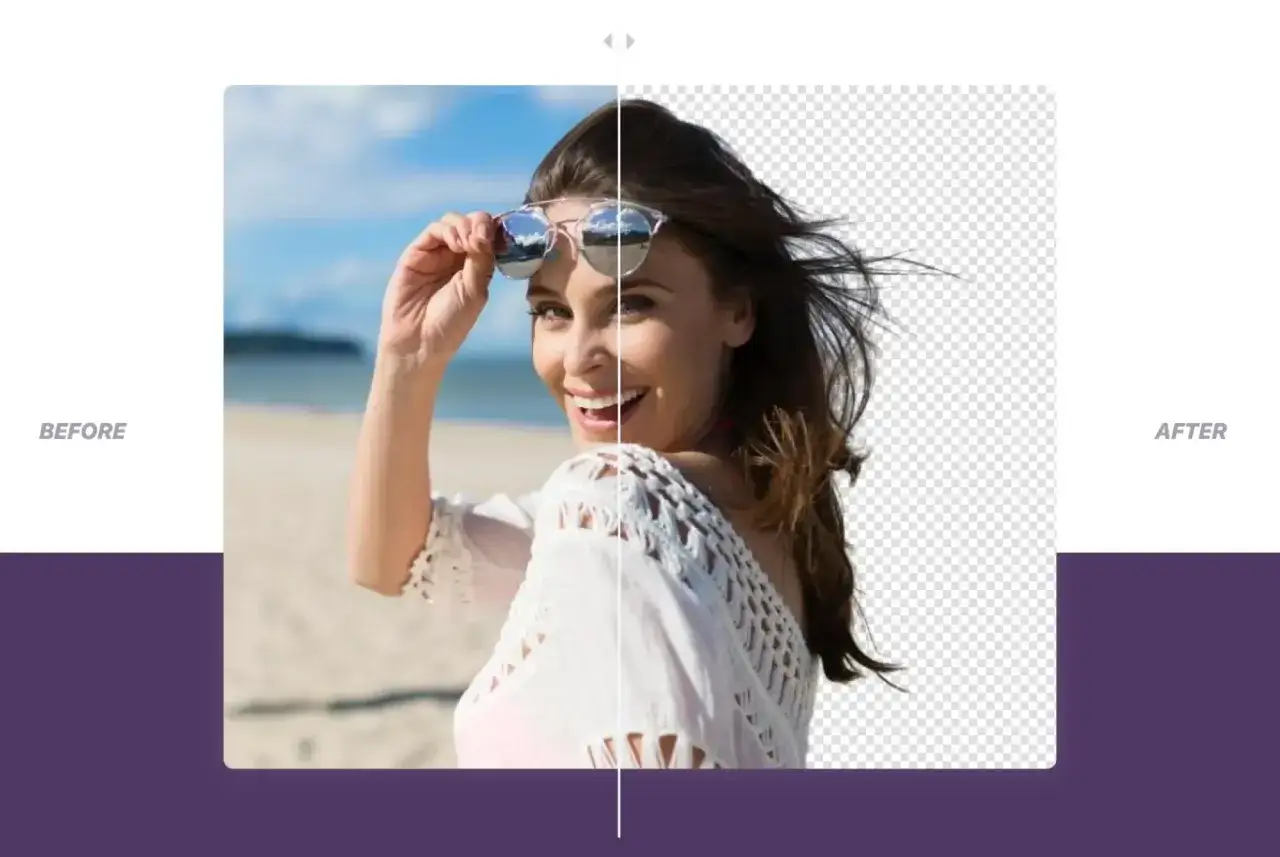 Mujer sonriente en la playa, con la mitad de la imagen mostrando el fondo original y la otra mitad con el fondo transparente, demostrando cómo eliminar fondo de imagen.