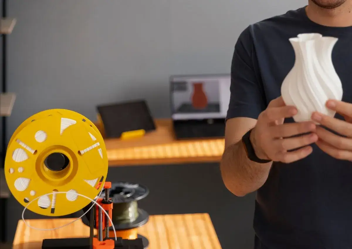 Un hombre sostiene un jarrón blanco impreso en 3D. A su lado, un rollo de filamento amarillo, como si fuera un troquel para crear objetos.