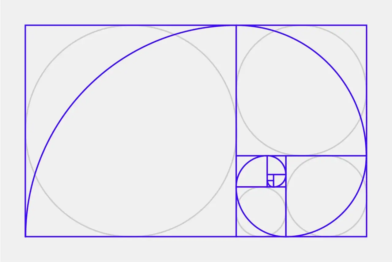 La espiral dorada, que representa el aurea significado en la naturaleza y el arte, se despliega en cuadrados que crecen.
