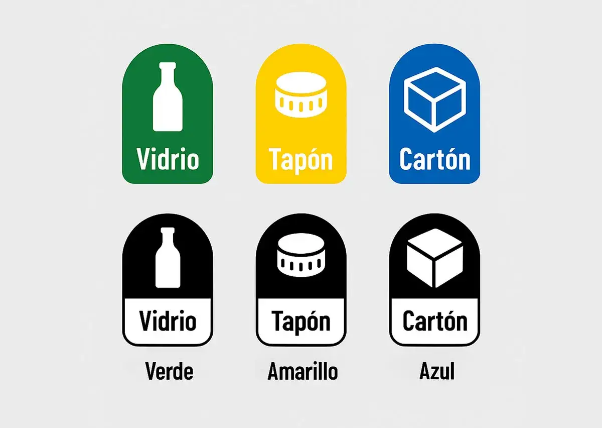 Seis contenedores con el s&iacute;mbolo de reciclaje: vidrio (verde), tap&oacute;n (amarillo) y cart&oacute;n (azul), y sus versiones en negro con texto de color.