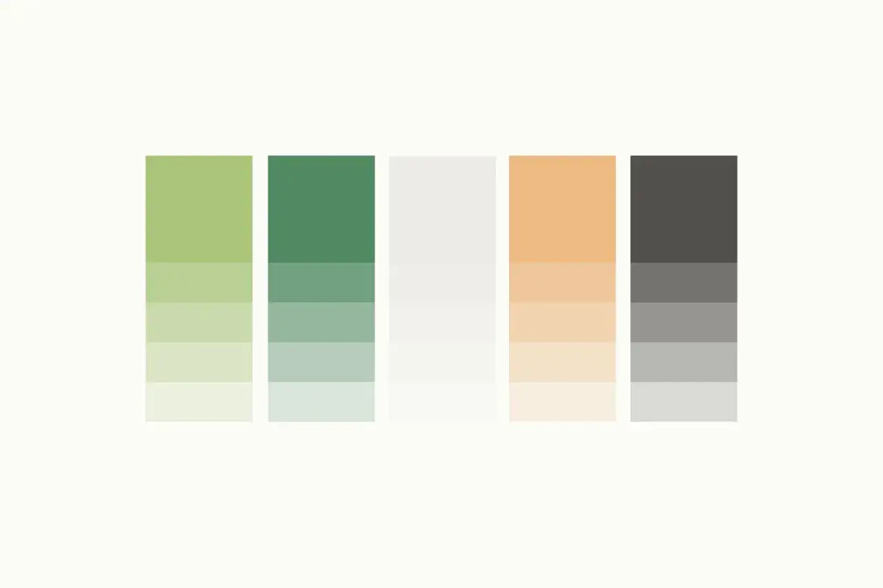 Paleta de colores con degradados de verdes, blancos, naranjas y grises. Los tonos fr&iacute;os predominan en las columnas de la izquierda, evocando la naturaleza.
