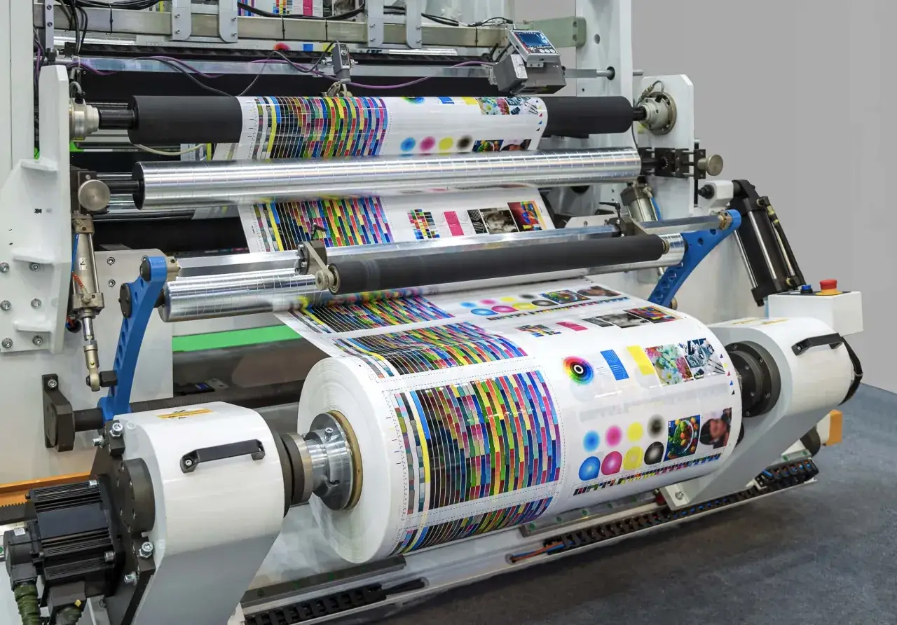 Máquina de impresión industrial en acción, mostrando el proceso de impresión litográfica con rollos de papel llenos de coloridos patrones y pruebas de impresión.