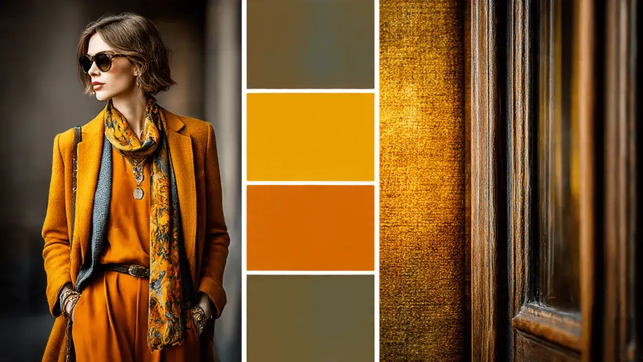 Paleta de colores otoñales: mujer con abrigo mostaza, bufanda estampada y pantalones naranjas. Muestras de color y textura de madera dorada.