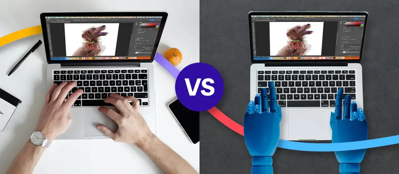 Comparación: humano vs. robot para quitar fondo en Adobe.