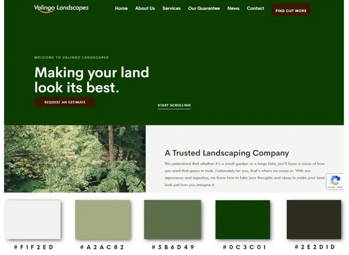 El sitio web de paisajismo usa un color verde vibrante en su dise&ntilde;o, mostrando un paisaje frondoso y paletas de colores inspiradas en la naturaleza.