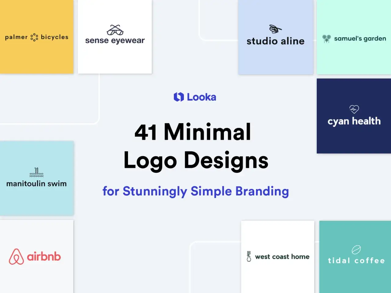 Ideas de logos minimalistas para branding. Muestra diseños para Palmer Bicycles, Sense Eyewear, Manitoulin Swim, Airbnb, Studio Aline, Samuel's Garden, Cyan Health, West Coast Home y Tidal Coffee.