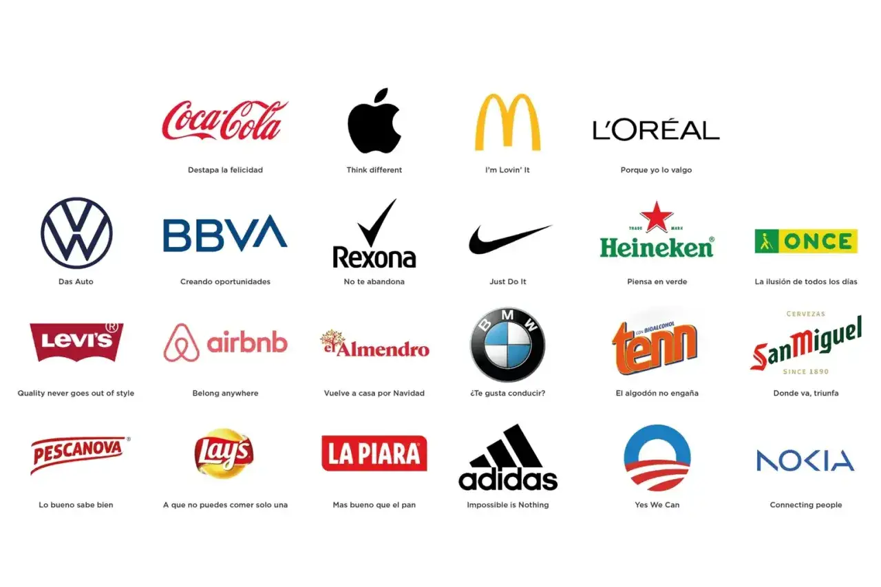Logos de marcas famosas con su eslogan publicitario: Coca-Cola, Apple, McDonald's, L'Oréal, VW, BBVA, Rexona, Nike, Heineken, ONCE, Levi's, Airbnb, Almendro, BMW, Tenn, San Miguel, Pescanova, Lay's, La Piara, Adidas, Obama, Nokia.