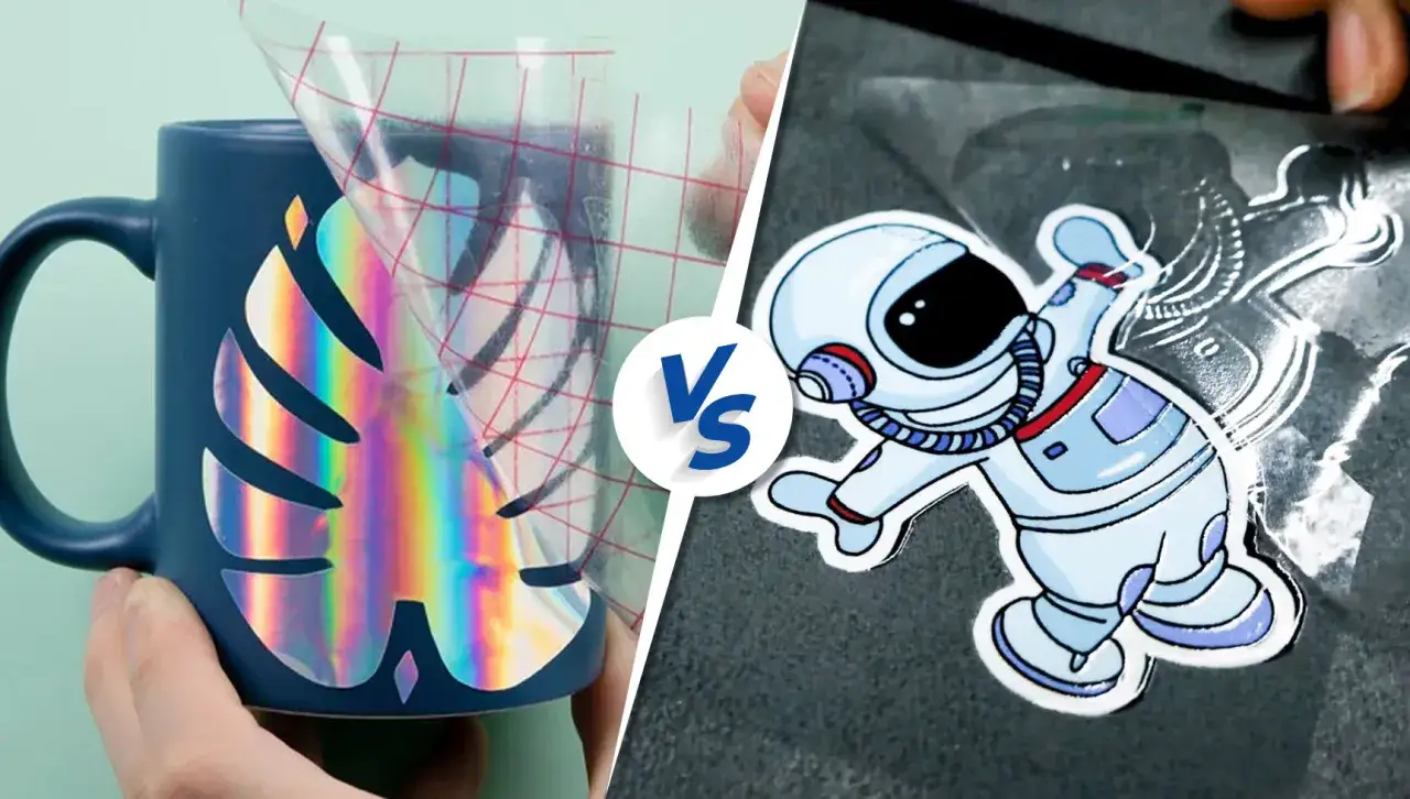 Ideas de pegatinas: un diseño de hoja holográfica en una taza azul y un astronauta de dibujos animados.