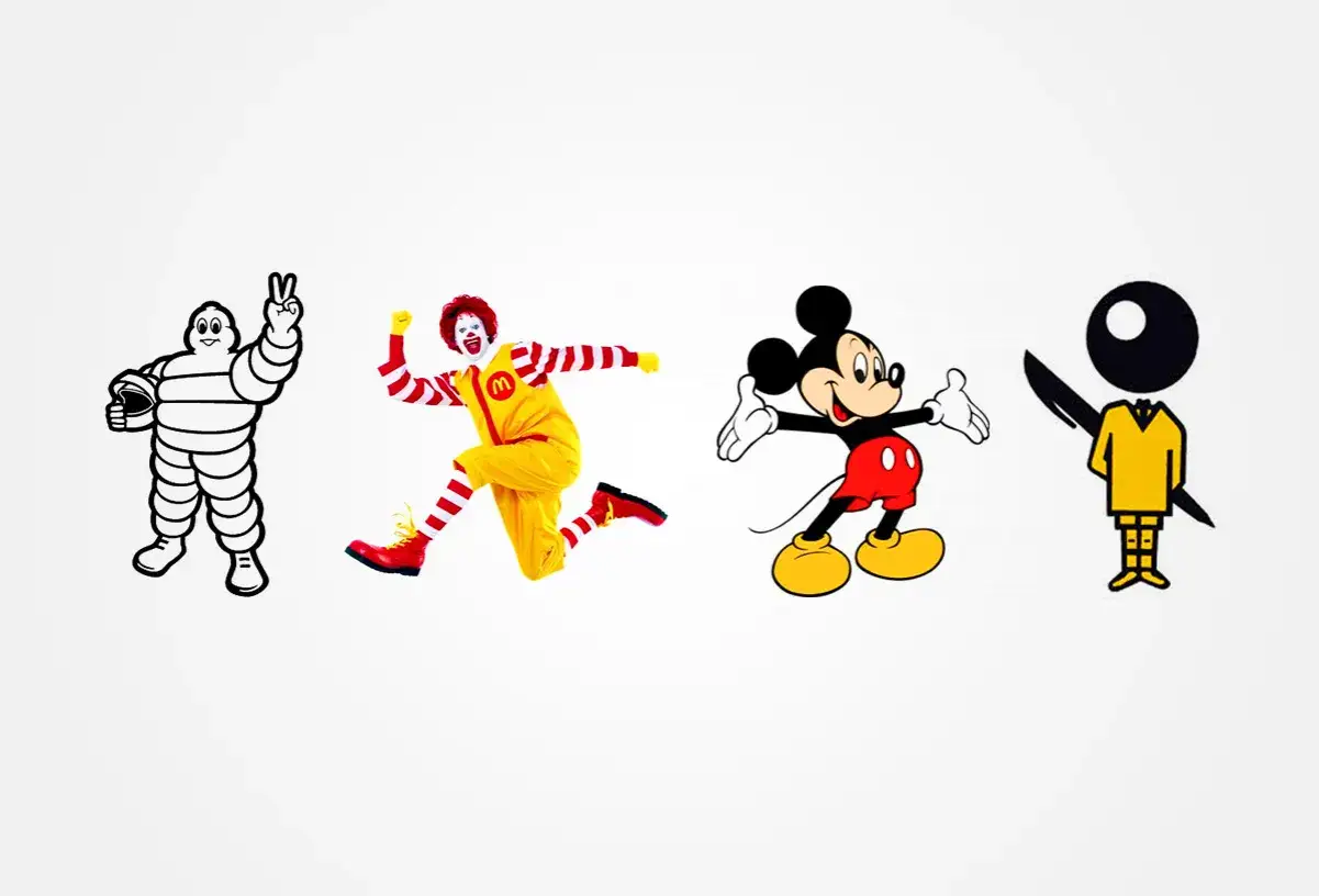Iconos de mascotas de marcas: Bibendum de Michelin, Ronald McDonald, Mickey Mouse y el personaje de la marca de seguros.