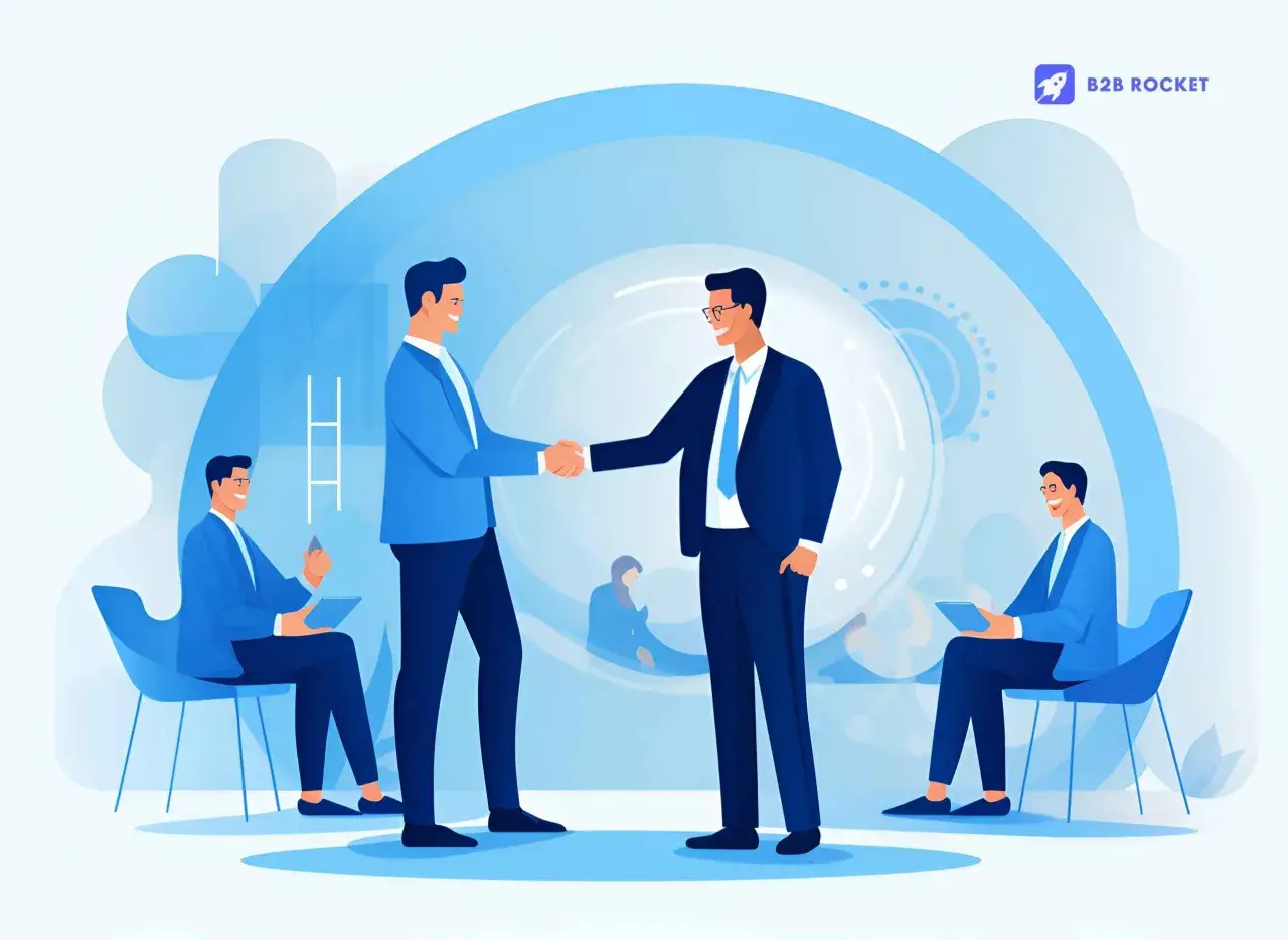 Dos hombres de negocios se dan la mano, cerrando un trato. Otros dos clientes b2b esperan sentados, listos para sus reuniones.