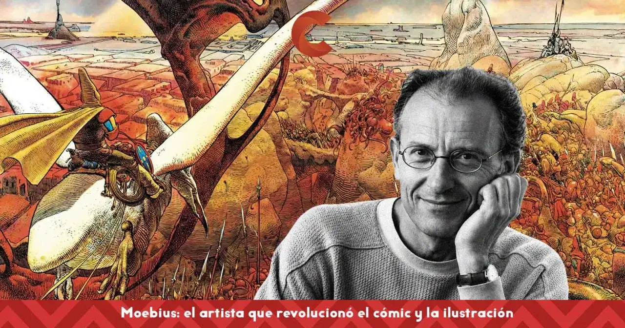 Moebius, el dibujante visionario, sonríe ante su obra de ciencia ficción, un mundo de fantasía detallado y vibrante.