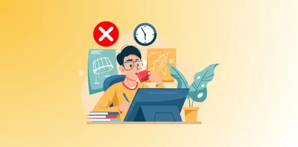 Un joven con gafas bebe café mientras trabaja en su computadora, rodeado de planos y un reloj. Un símbolo de "X" roja indica que no es la forma correcta de hacer brainstorming.