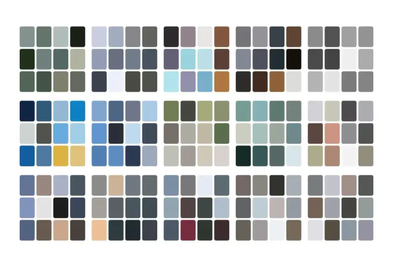 Paleta de colores que evoca los tonos fríos y serenos de los colores invierno, con azules, grises y verdes apagados.
