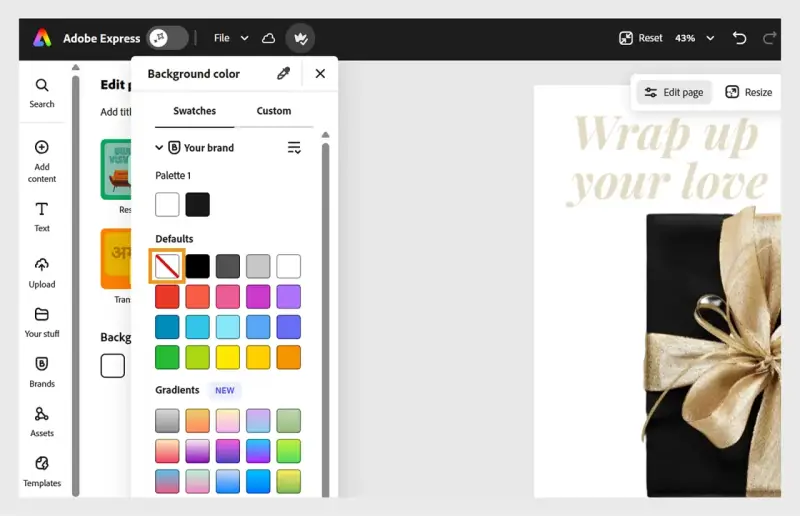 Interfaz de Adobe Express para quitar fondo, mostrando opciones de color de fondo y una imagen de regalo.