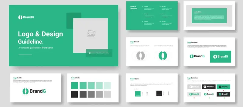 Guía de imagen corporativa de BrandG, mostrando logo, paleta de colores y tipografía.