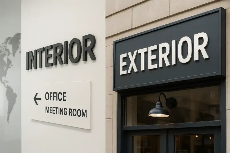 Cartelería moderna: "INTERIOR" y "EXTERIOR" en relieve, con señalización de "OFFICE MEETING ROOM".