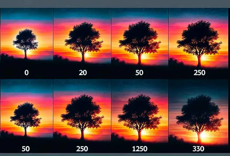 Ocho imágenes de un árbol solitario al atardecer, cada una con un número diferente debajo, mostrando cómo cambia la **resolución** de la imagen.