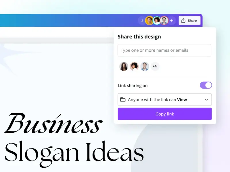 Compartiendo ideas para un eslogan publicitario. Se muestra una ventana para compartir un diseño, con opciones para invitar colaboradores y copiar un enlace.