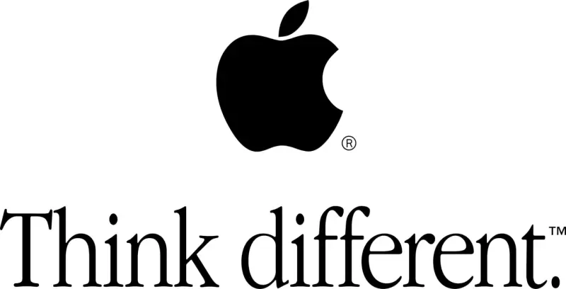 Logo de Apple con la manzana mordida y el lema "Think different.